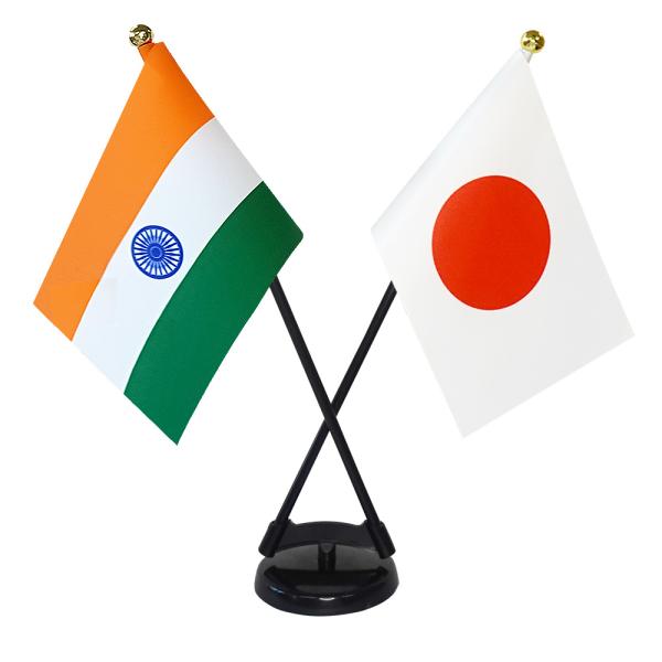 TOSPA インド 国旗 ミニフラッグ 2本立てセット 旗サイズ10.5×15.7cm テトロンスエード製 ポール27cm +スタンドセット 日本製 世界の国旗シリーズ