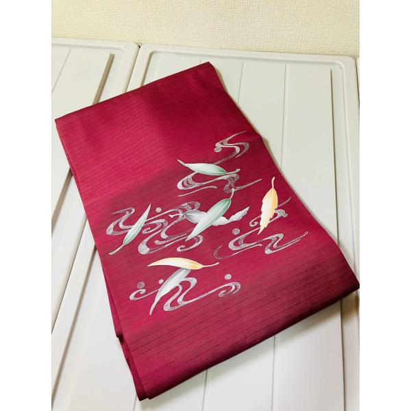 名古屋帯 赤色系 流水柄 竹の葉 幅約30cm 着物帯 正絹 TCS着物 W39