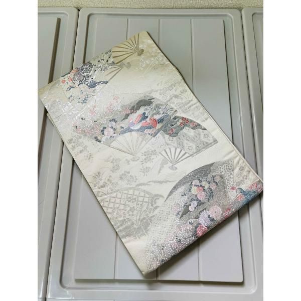 名古屋帯 銀色系 草花文 扇 鳥 菊 幅約30cm 着物帯 正絹 TCS着物 名古屋帯 銀色系 草花文 扇 鳥 菊 幅約30cm 着物帯 正絹 TCS着物