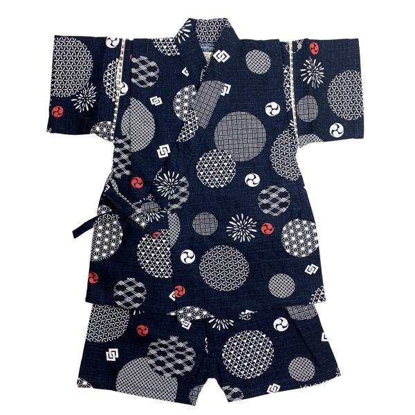 こども甚平 丸紋に花火柄 紺色 綿100% 80cm 0〜1歳向き 日本製生地使用 送料無料