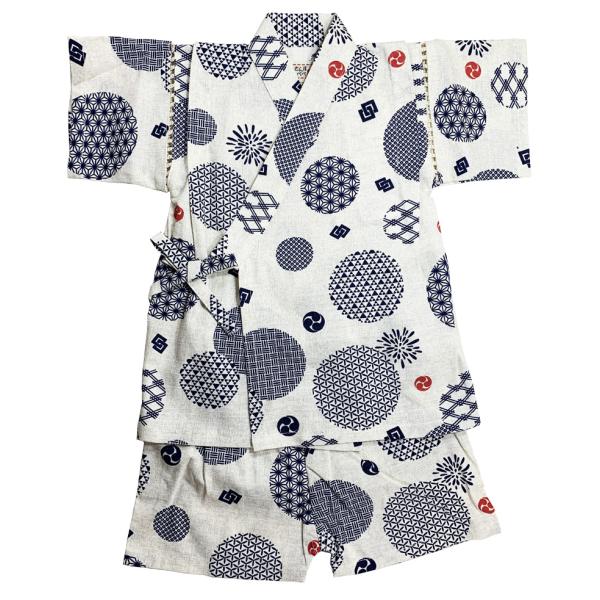 こども甚平 丸紋に花火柄 白地 綿100% 80cm 0〜1歳向き 日本製生地使用 送料無料