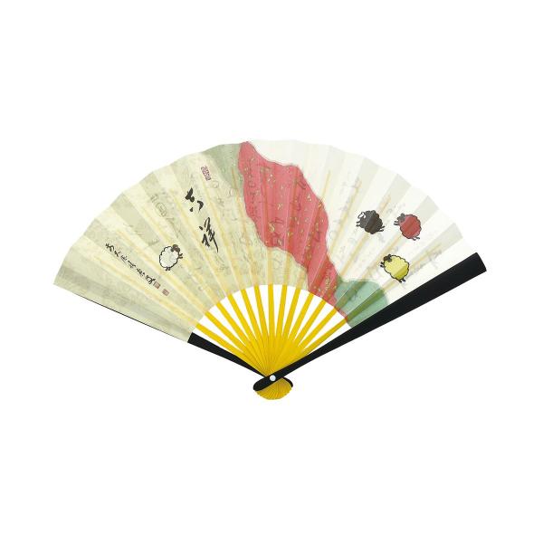 令和9年未年干支扇子　6.5寸　黒染　内黄骨　積應墨蹟「吉祥」　裏面：表千家花押集　初代　利休〜15代　猶有斎　(化粧箱）（メール便対応商品）