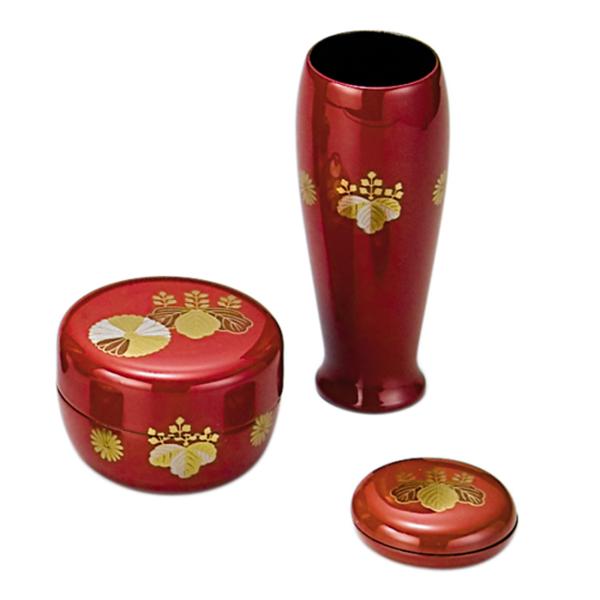 茶道具 茶箱 三品セット 朱塗 唐松 蒔絵 木製 新品 平棗 茶筅筒 香合 茶箱用 塗三点セット（茶筅筒、棗、香合） 朱 高台寺 宗悦作 （木製