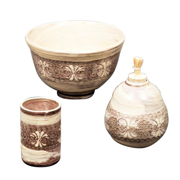 【茶道具セット】 茶箱用 陶３点揃 　*振出*茶巾筒*茶箱茶碗【右上：三島】 茶道具 茶箱】 茶箱用三点セット(茶碗・振出・茶巾筒) 仁清 七宝