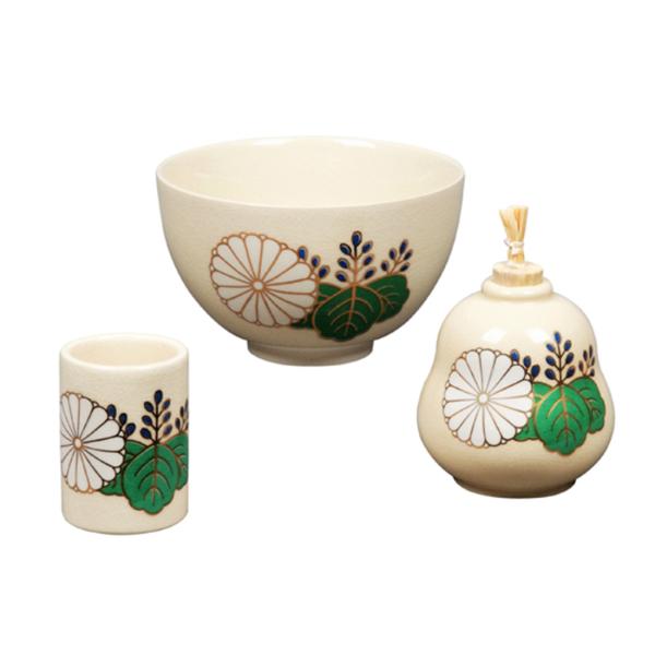 茶箱用 陶器三点セット(利休茶碗、振出し、茶巾筒) 仁清 新菊桐 宮地英