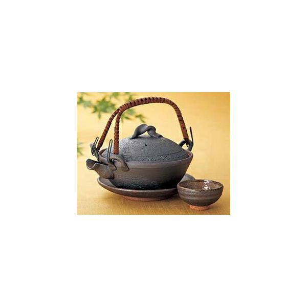 土瓶蒸し 《日本製》南蛮平型土瓶むし 耐熱 直火対応 盃セット おちょこセット 300cc 本格 土瓶蒸し 料亭 高品質 信楽焼 国産 陶器のふる里
