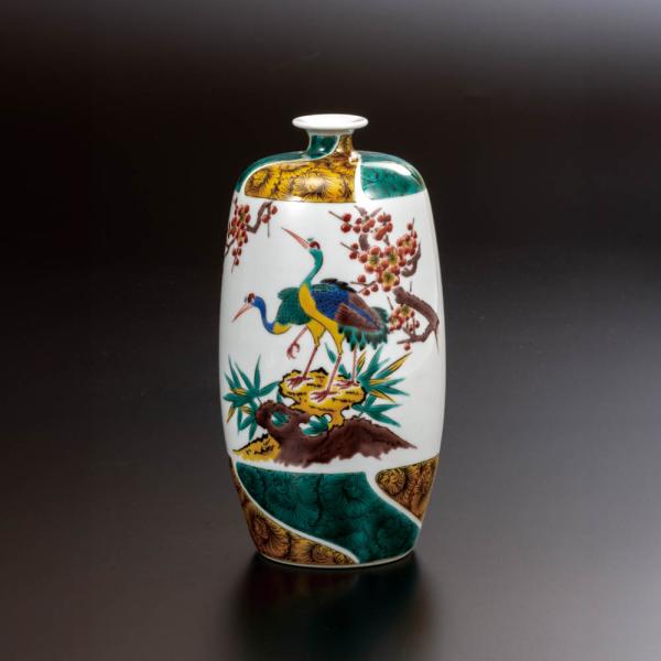 九谷焼 松寿堂 色絵金彩 松鷹文 花瓶 花生 共箱 C 5597 九谷焼
