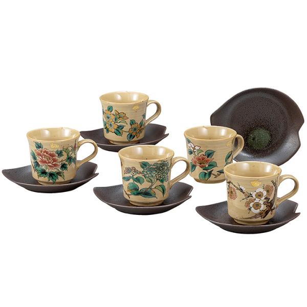 九谷焼 コーヒーセット 金箔草花絵変り｜ コーヒーカップ カップ