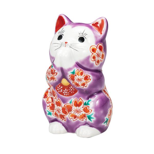 九谷焼 3.8号お祈り猫 パープル釉桜｜ 置物 縁起物 招き猫 人気 ギフト