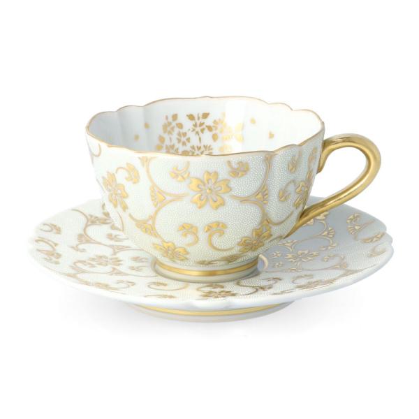 九谷焼 コーヒーカップ＆ソーサー 盛金桜花唐草文 白粒 仲田錦玉 送料