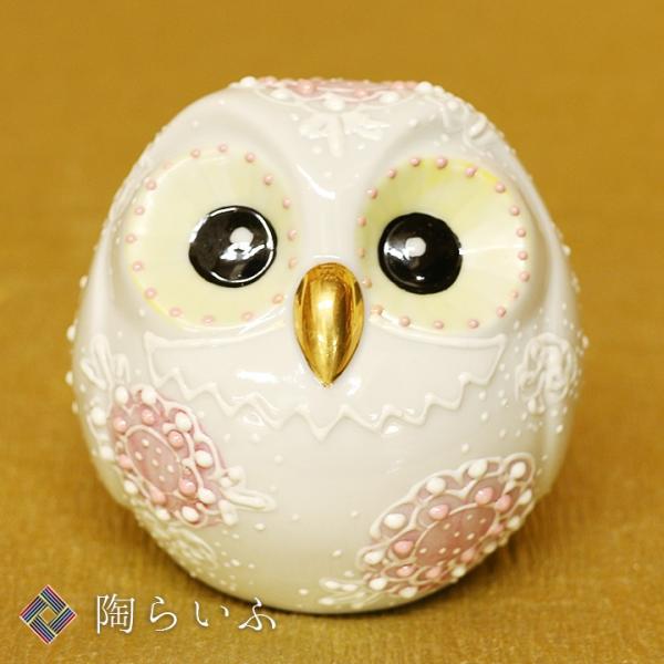 九谷焼 2号ふくろう 白盛 ピンク｜置物 縁起物 ふくろう 人気 ギフト