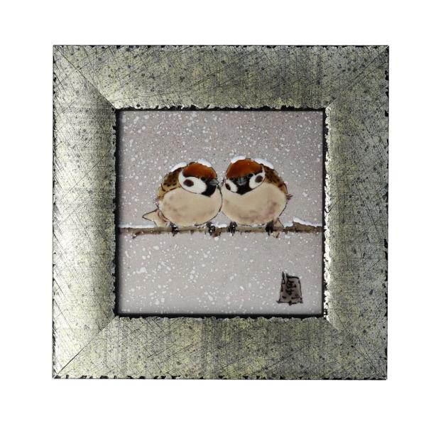 陶額 陶板 福良雀図 すずめ スズメ 中村 陶志人 外志人九谷焼 九谷焼 擦金箔額（角小）雪二雀図 / 中村陶志人 ｜ 陶板画 額縁 陶額