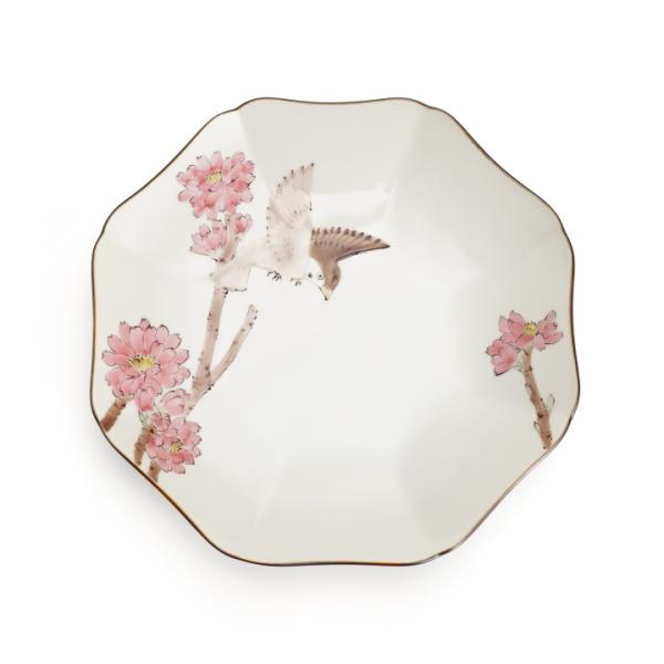 九谷焼 6号モッコ皿 八角皿 桃花に雀（トウカにスズメ）/山田義明 皿