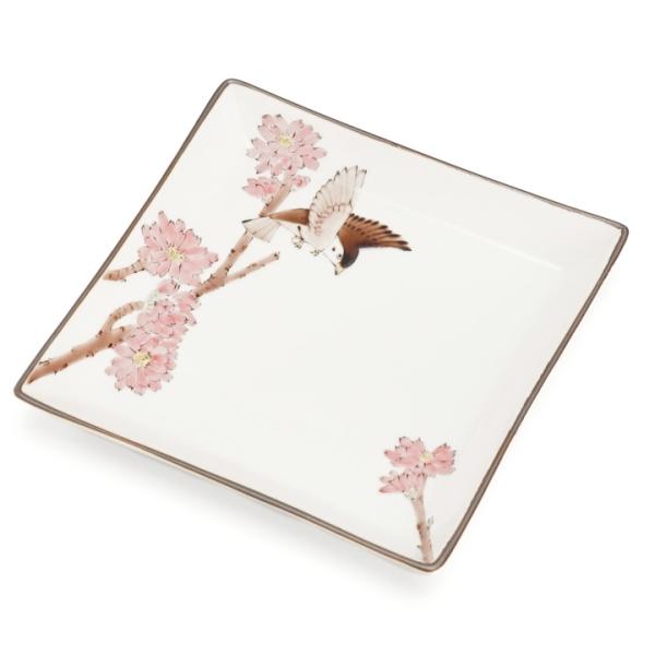 九谷焼 6号角皿 桃花に雀（トウカにスズメ）/山田義明 皿 中皿 人気