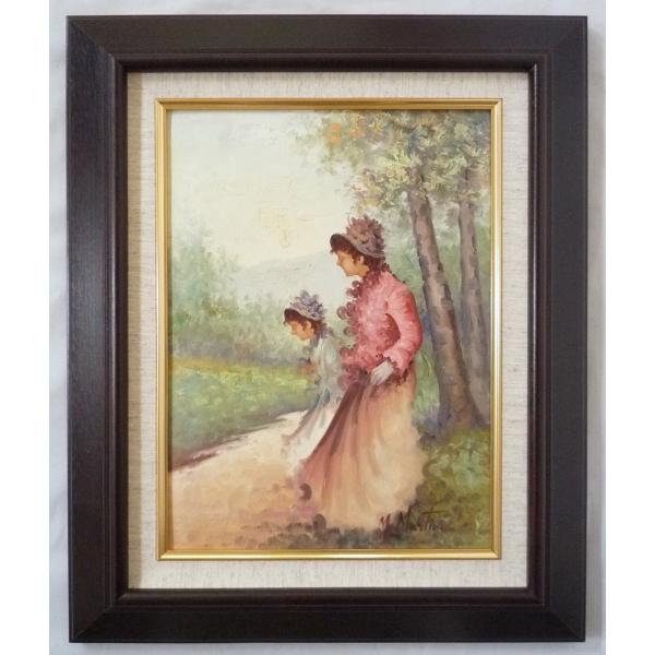 ヨーロッパ絵画油絵肉筆画手描き作品 ヨーロッパ絵画 肉筆油絵 F4号 マルティニ作「散策」＋新品額縁付