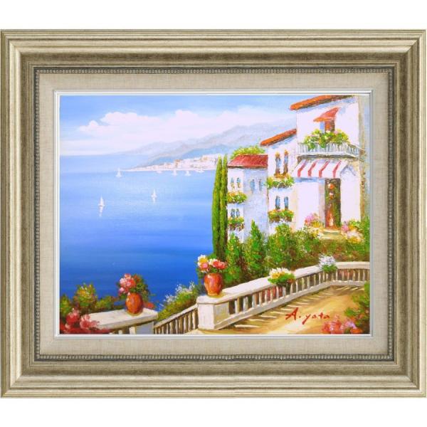 F6サイズ 矢田 晃 海の街並み 油彩画 油絵 絵画 洋画 肉筆