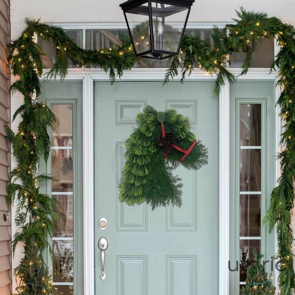 馬頭のリース、馬のリース - クリスマス リース緑の松葉の馬の頭 - クリスマス ホース ヘッド ドア リース季節の装飾、クリスマスグリーン、クリスマスパーティ