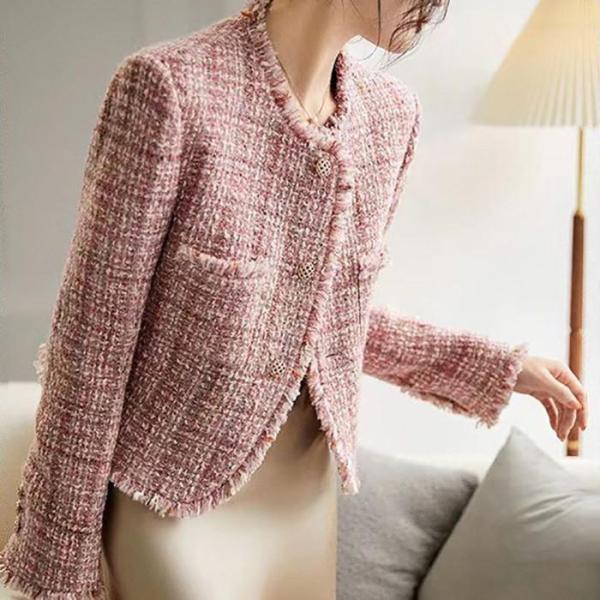 ツイードジャケット レディース 40代 長袖ノーカラージャケット ショット丈ツイードコート 春コートアウター 秋服 大人韓国風 通勤OL オフィス 結婚式 入学式 ツイードジャケット レディース 40代 長袖ノーカラージャケット