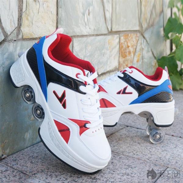 ローラーシューズ ローラースケート スニーカーメイン素材: 合成皮革ウィール：PU フレーム：スチールソール：ゴム、EVAカラー：ホワイト、レッド、ブルー、ブラック多目的スケートは、市場の従来のローラースケートとは異なります。非表示のウィー...