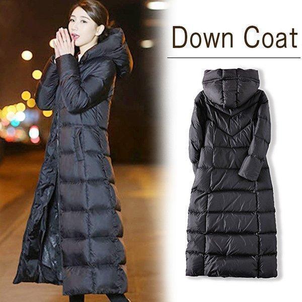 ダウンコート レディース ロング 膝下コート ジャケット 黒 無地 a