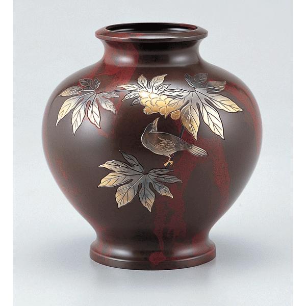 高岡銅器 銅製花瓶 壺 楓に鳥 美術工芸品 記念品 花活 : 日本 高岡銅器 銅製花瓶 壺 楓に鳥 美術工芸品 記念品 花活 : 日本