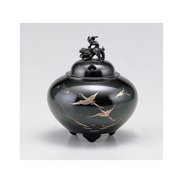 高岡銅器 香炉 平丸獅子蓋香炉 鶴 銅製 美術工芸品 記念品 置物 : 日本