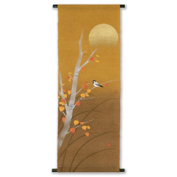 麻織布手染めタペストリー彩色シジュウカラ秋柄