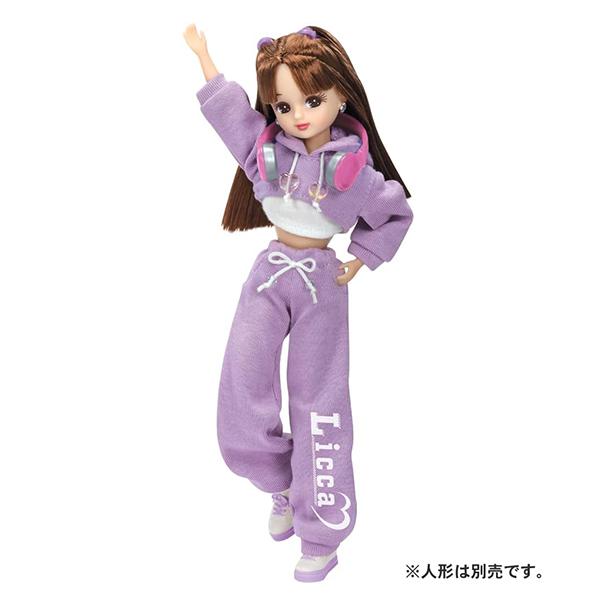 リカちゃんドレスシリーズ♪着回し可能なアクティブなダンスのドレスセット♪スポーティーでかわいいパープルのスウェットコーデでダンススタイルを楽しめます。パーカーを脱ぐと、Tシャツコーデも！クツ、ヘッドフォン付き。※お人形は別売りです。セット内...