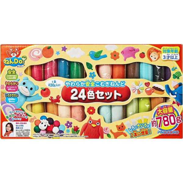 色鮮やかなねんどが２４色入ったお得なセット商品！「１２色詰め替えセット」と「パステル１２色セット」の定番カラーに新色のピンクを加えた２４色のねんどセットです！使用頻度の高い「しろ」と「きいろ」のねんどは2本ずつ入っています！発売日：パッケー...