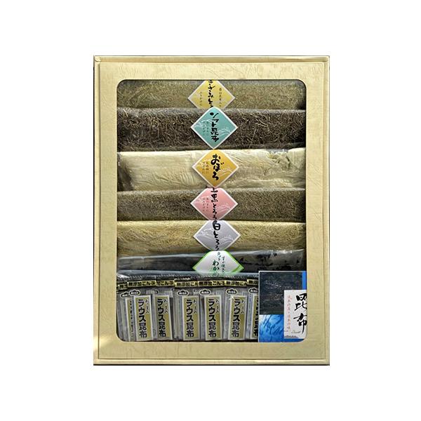 本体価格：5,000円内容量：きざみとろろ40g、ソフト昆布85g、太白おぼろ45g、上黒とろろ70g、白とろろ60g、カットわかめ30g、おつまみ羅臼（ピロ）20個アレルギー表示：小麦、大豆賞味期限：300日［AS-50］