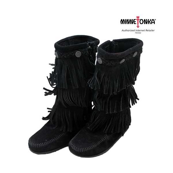 MINNETONKA/~lgJ/3-Layer Fringe Suede Braid Trim Side Zip/14-19/2659/BLACK
