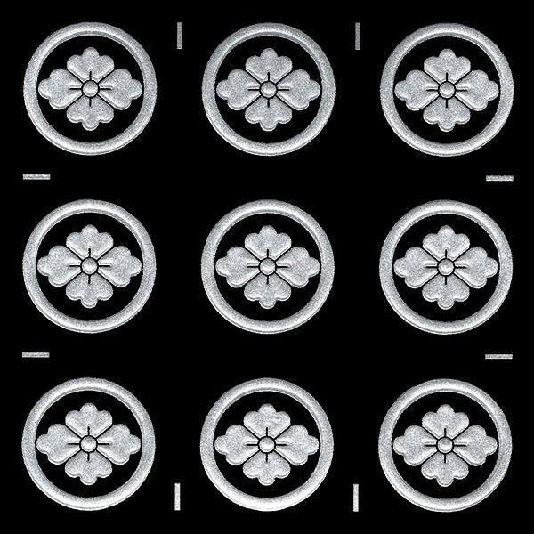 家紋 蒔絵シール 家紋ステッカー 「丸に花菱」 銀 15mm 9個付 : TOYO