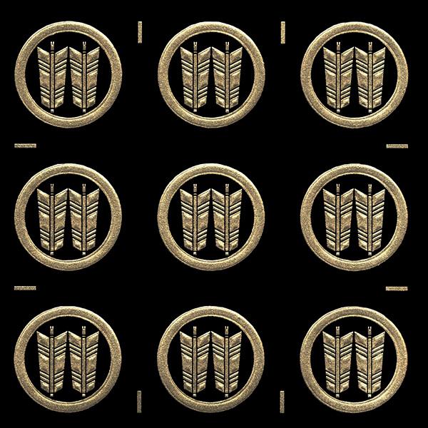 家紋 蒔絵シール 家紋ステッカー 「丸に並び矢」 金 15mm 9個付 : TOYO