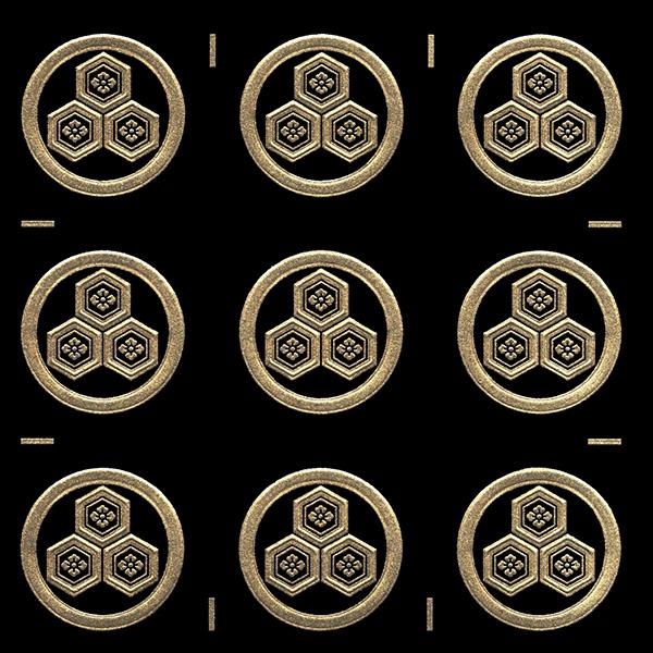 家紋 蒔絵シール 家紋ステッカー 「丸に三盛亀甲に花菱」 金 15mm 9個