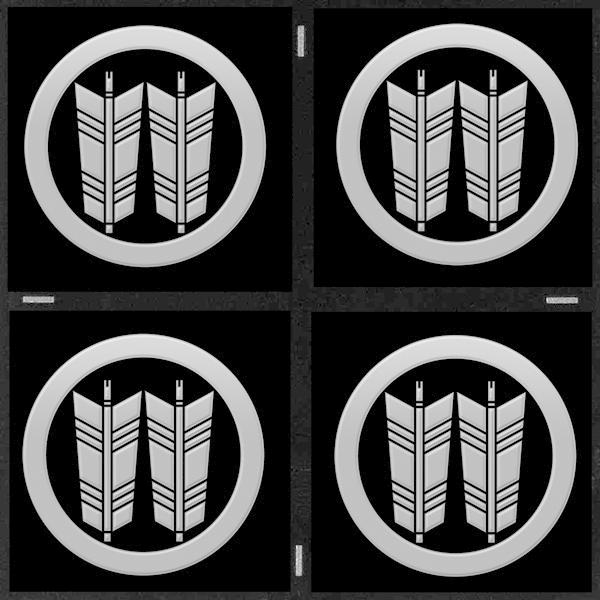 家紋 蒔絵シール 家紋ステッカー 「 丸に並び矢 」 銀 24mm 4個付