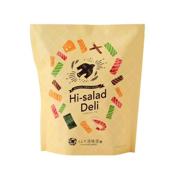 パッケージは、ハイサラダを模したデザインの中に素材のイラストが紛れ込み、にぎやかな遊び心をくすぐるデザインです。ハイサラダ・デリ４種の味すべてをお楽しみいただける商品です。内容量／64g（16袋）商品サイズ（mm）（縦・横・高さ）／250×...