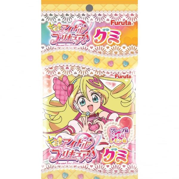 ,#00003568 「キミとアイドルプリキュア♪」を起用した４連タイプの吊り下げグミです。グミの味はグレープ、ピーチ、レモンの３種類がアソートされております。＜内容量＞60ｇ