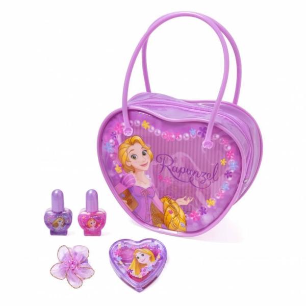 #20251114051 ラプンツェルのかわいいハート型バッグに入ったメイクアップセット。リップグロス3色と水溶性ネイルカラー2色のセットなので、初めてのメイクにもオススメです！＜落とし方＞ネイルカラーは、水溶性なので、除光液を使わず水で落...