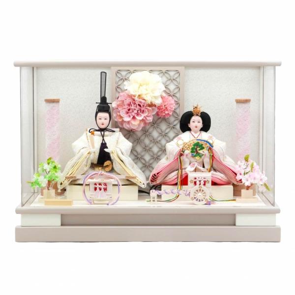 雛人形】ケース飾り 親王飾り「花飾りグレージュ パノラマアクリル
