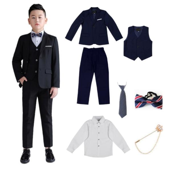 【キッズファッション・フォーマルスーツ】・セット内容：ジャケット+ズボン+ベスト+シャツ+ネクタイ+蝶ネクタイ+ブローチ・カラー：ネイビー ブラック・サイズ：130cm 140cm 150cm 160cm 170cm 180cm・素材：ポリ...