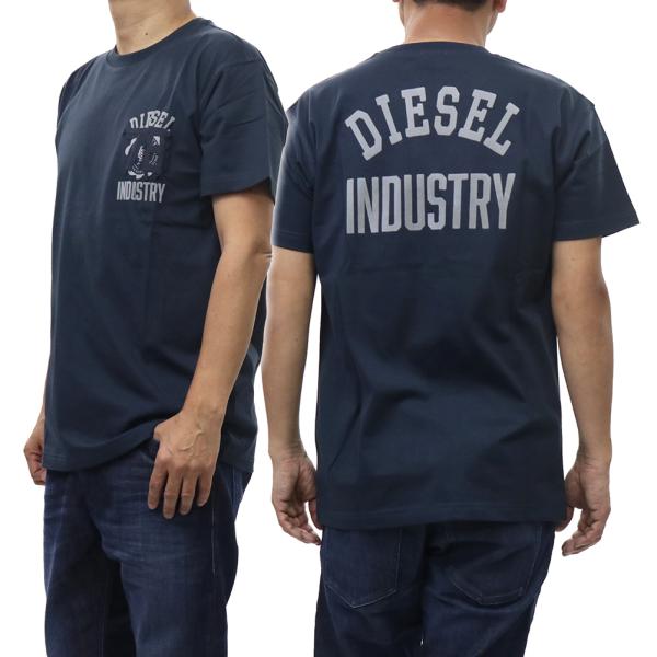 DIESEL ディーゼル メンズ クルーネック Tシャツ A20281 0PLAT / T-NORM-V14 ネイビー ルード カレッジ 半袖 爆買