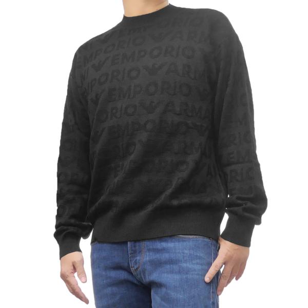 EMPORIO ARMANI エンポリオ アルマーニ メンズ クルーネック セーター ニット 6D1MXK 1MJNZ ブラック ウール100％ ジャガード ロゴ 総柄 爆買