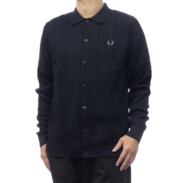 旧作お買い得セール！ FRED PERRY フレッドペリー セーター メンズ クルーネック コットン 綿100％ニット K8537 / POINTELLE PANEL LS KNIT SHIRT ブラック tre-style_fp24fw158
