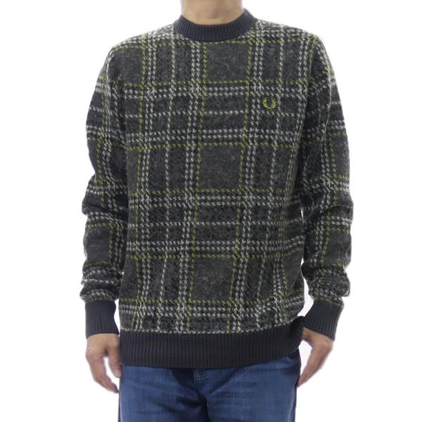 2025 秋冬新作！ FRED PERRY フレッドペリー メンズクルーネックニット セーター K1552 / BRUSHED TARTAN JUMPER グレー 2025秋冬新作 FRED PERRY（フレッドペリー） メンズクルーネックニット セーター