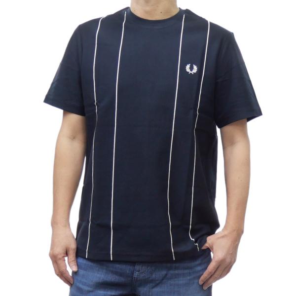 セールSS FRED PERRY フレッドペリー Tシャツ メンズ 半袖 クルーネック コットン 綿100％ M9858 PINSTRIPE T-SHIRT ブランド ロゴ 刺繍 カジュアル スポーティ ライン 大きいサイズ ネイビー tre-style_fp25ss340