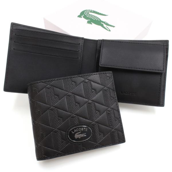 LACOSTE ラコステ メンズ 二つ折り財布（小銭入れ付き） NH4400MR モノグラム 型押し レザー 本革 牛革 ワニ ロゴ プレート ブラック 定番人気商品