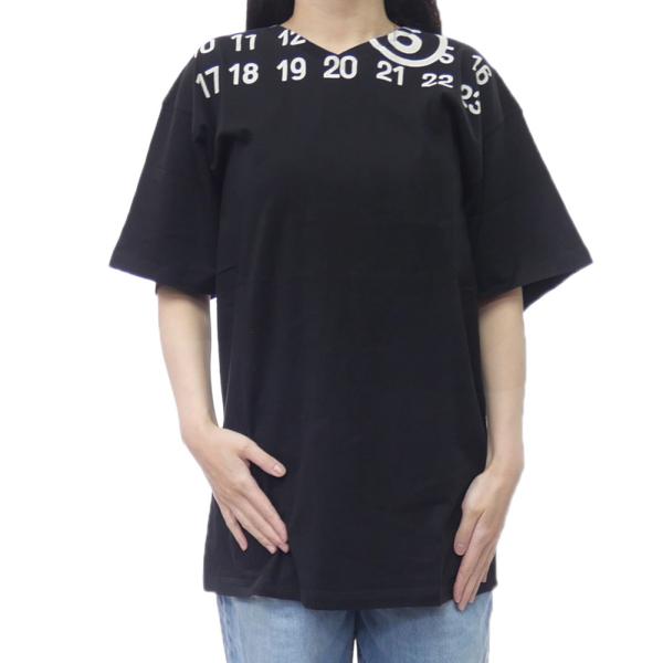MM6 エムエムシックス キッズ レディース VネックTシャツ M60986 MM02Y ナンバリングロゴ プリント コットン ブラック