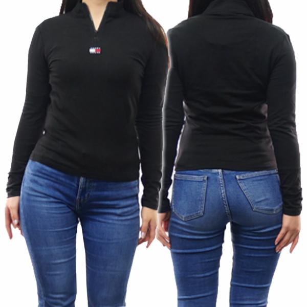 TOMMY JEANS トミージーンズ レディース ハーフジップ カットソー DW16498 ブラック ハイネック ロゴ ワッペン プルオーバー