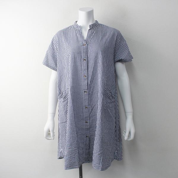 スプリングセール Conges Payes Adieu Tristesse コンジェペイエ アデュートリステス コットンチェックノーカラーシャツワンピース ブルー ブランド古着 買取販売 Tresor 通販 Yahoo ショッピング