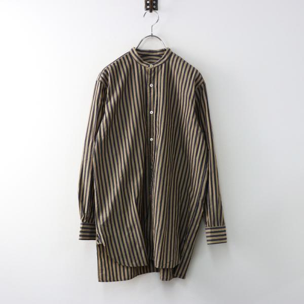 美品 コモリ COMOLI ロンドンストライプバンドカラーシャツ/ベージュ ネイビー コットン 長袖【2400014438161】 tresorstore_2400014438161